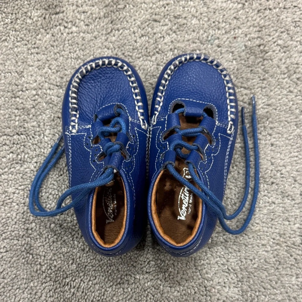 Venettini Kids Blue Hard Sole Moccasins with White Stitching and Laces size 6